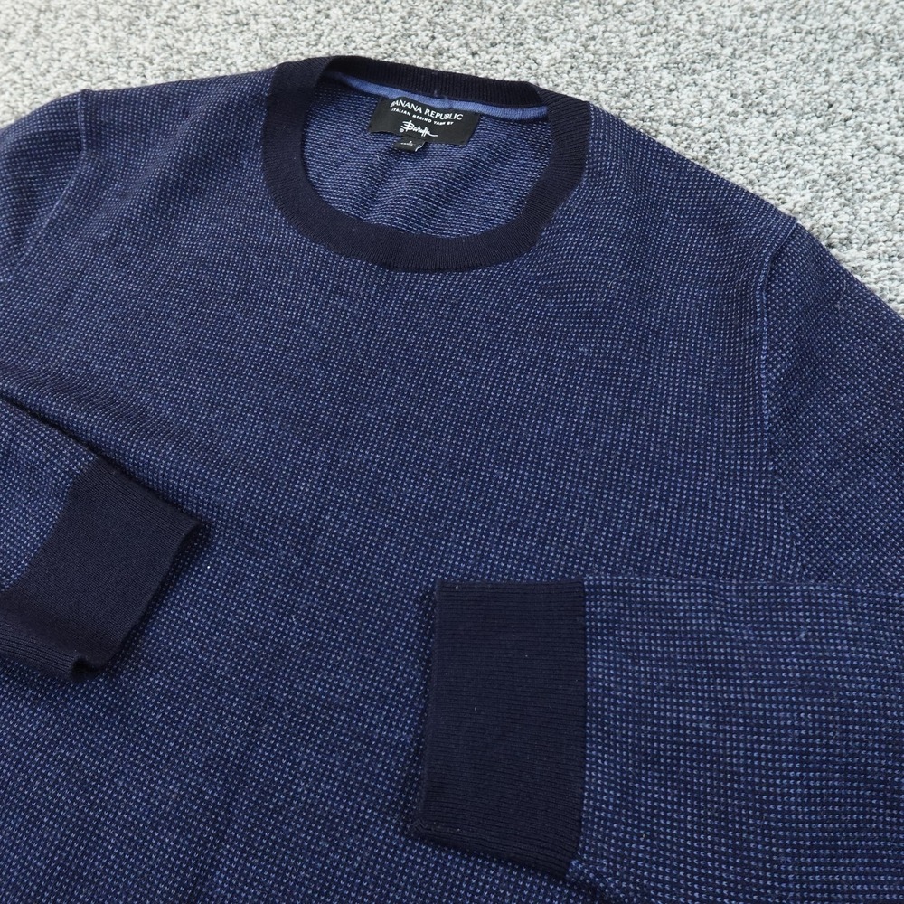 Banana Republic Sweater Mens L Blue Merino Wool Birdseye‎ Knit Crewneck Pullover